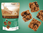 Mint Chocolate granola bites bag with 4 bites to the right and a teal background